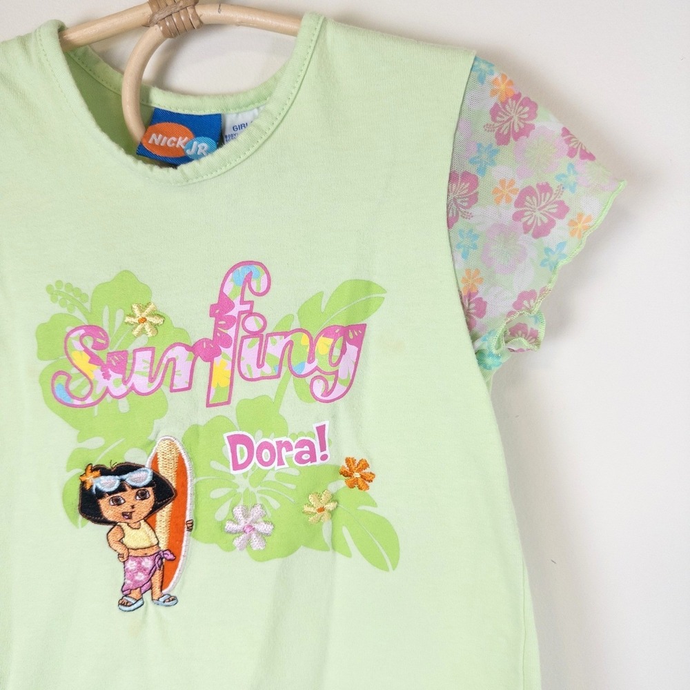 Vintage Nick Jr Dora the Explorer Surfing Green Floral Mesh Sleeve Kids Shirt 5T - Picture 3 of 8